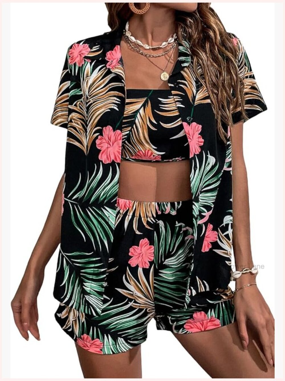 3 Piece Tropical Print Blouse and Shorts Set with Tube Top